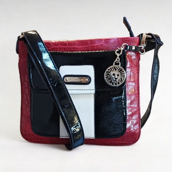 Vintage Anne Klein Red Reptile Embossed Black Patent Leather Vegan Crossbody - Picture 2 of 13